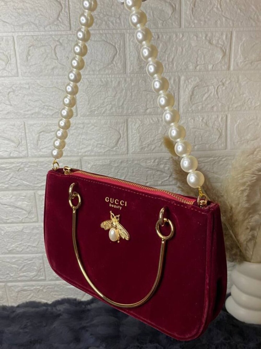 GUCCI (Beauty) GWP Burgundy/Red Velvet bag/clutch with pearl strap